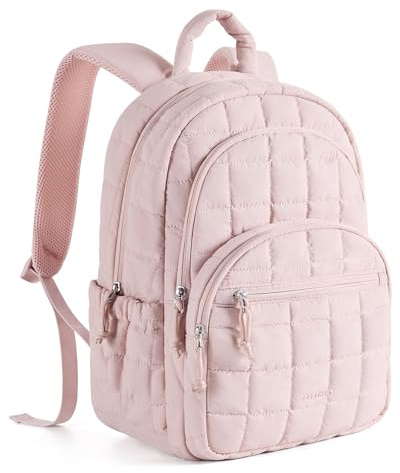 BAGSMART College Laptop Backpack, Travel Backpack for Women, Quilted Casual Daypack, Water-Resistant Bookbag for 15.6 Inch Laptop, Pink