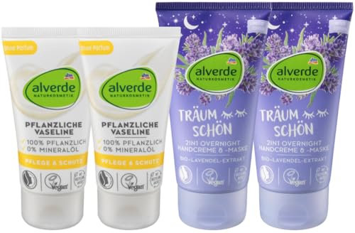 Alverde NATURKOSMETIK 4er-Set Hautpflege: 2 x PFLANZLICHE VASELINE Pflege & Schutz ohne Mineralöl & Parfum (2 x 50 ml) + 2 x TRÄUM SCHÖN 2in1 OVERNIGHT HANDCREME & Handmaske (2 x 75 ml), 250 ml