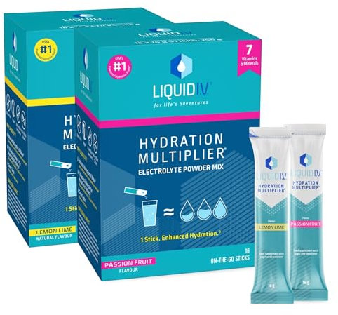 Liquid I.V. Hydration Sachets | Lemon Lime + Passion Fruit | Electrolyte Powder Mix | 2 Pack (32 Sticks) | 7 Vitamins and Minerals | Vegan