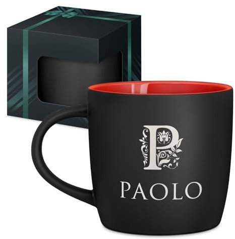 Maverton Tazza da caffè macchiato o tè in ceramica - 400 ml - Incisione personalizzata - Tazze con manico per bevande per Lui - Bicchiere da colazione per compleanno uomo - Interno rosso - monogramma