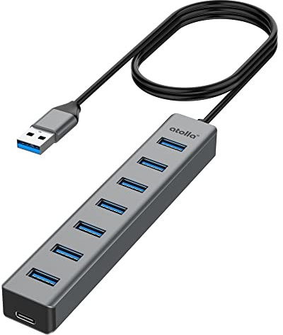 USB Hub 3.0 7-Port mit 100cm Kabel, USB Verteiler Aluminium Hub mit Mehrfach USB3.0 5Gbps Data und 5V/3V Type-C Port, USB Mehrfachstecker Splitter für Laptop PC