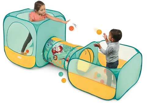 Ludi - Parcours de Jeu Pop-up Jungle - Cube, Tunnel & Aire à Balles - 3 Espaces Amusants - 30 Balles Incluses - Léger et Portable avec Sac de Transport - Stimule Motricité et Imagination