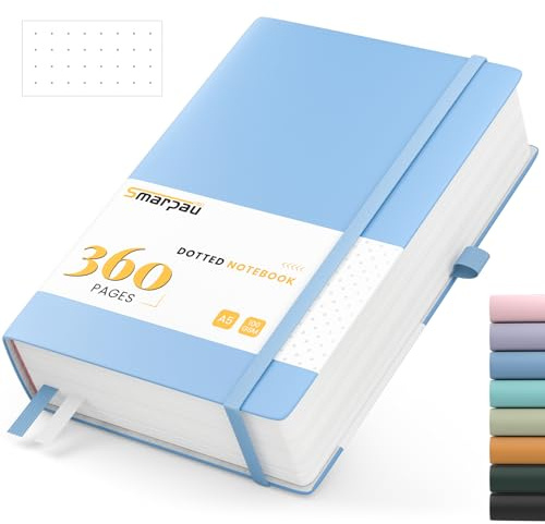 Smarpau A5 Bullet Dotted Journal 360 Pages, 100gsm Thick Paper Journal Notebook for Writing, Leather Notebook for Women Men Work School Office - 14.5 x 21cm, Light Blue
