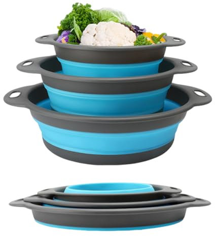 Lot de 3 passoires pliables - Passoire à pâtes pliable - Ustensiles de cuisine pour égoutter les pâtes, les fruits et les légumes - Bleu
