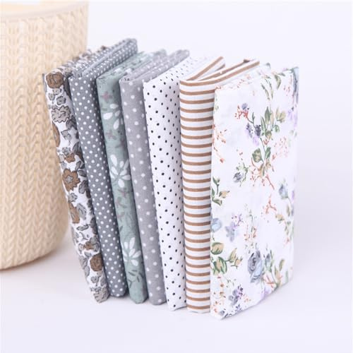 7Pcs Fabric Bundles, 50 x 50cm Fat Quarters Vintage Fabric Bundles Cotton Squares, Different Patterns Printed Craft Fabric for Sewing Quilting Patchwork DIY Crafts Handmade (Grey)