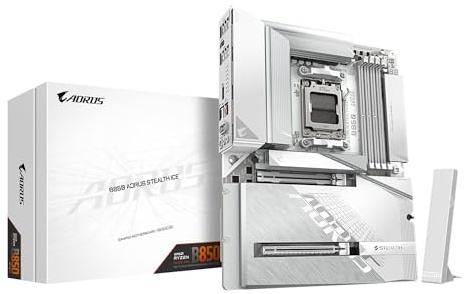GIGABYTE B850 AORUS Stealth Ice Placa Base – Procesadores AMD Ryzen Serie 9000, VRM Digital de 14+2+2 Fases, hasta 8200 MHz DDR5 (OC), 2 x M.2 PCIe 5.0 + 2 x PCIe 4.0, Wi-Fi 7, LAN 5 GbE