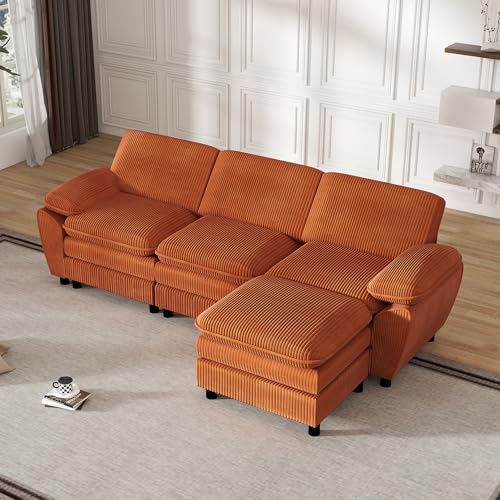 Modern hörnsoffa hörnsoffa med avtagbar pall, 3-sitsig L-formad soffa soffa med kuddar och armstöd för vardagsrum, lägenhet, kontor (orange)