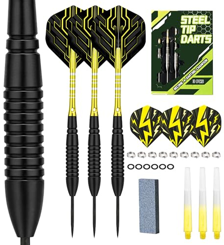 WayArrival Juego de dardos de punta de acero de 22 g, 3 dardos de precisión con accesorios completos, incluye estuche rígido, plumas de repuesto, puntas y juntas tóricas (barril negro y caño amarillo)