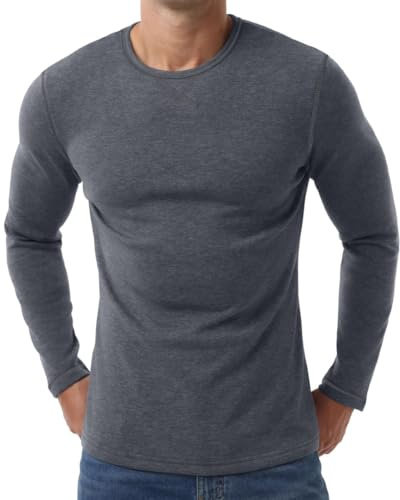 PrinStory Biancheria intima termica da uomo a maniche lunghe con interno in pile, maglia termica girocollo, top termici, strato base termico, grigio scuro, XL