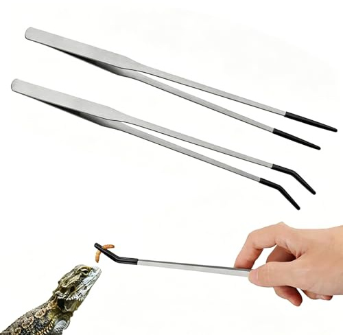 2Pcs Extra Long Reptile Feeding Tongs, 10.6 Stainless Steel Tweezers with Safe Rubber Tips,Straight Curved Terrarium Tools for Aquarium Gardening Snake Lizard Supplies