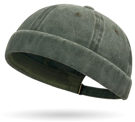 Men's Brimless Skullcap, Olive Green, Rolled Edge, Rear Buckle Strap | Panelled Crown With Button And Ventilation Eyelets, 1 Cap, For Casual Outfits, Daily Errands, Travel And Outdoor Activities