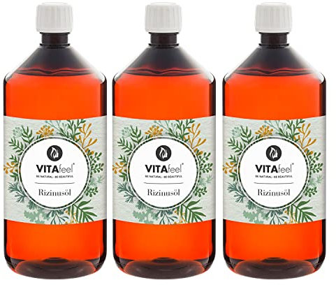 GreatVita Rizinusöl - 100 Procent reines kaltgepresstes Öl, nativ Ph. Eur., 3 x 1000 ml, Wimpern Serum, Haaröl, natürliche Haarpflege - Aufdruck kann variieren