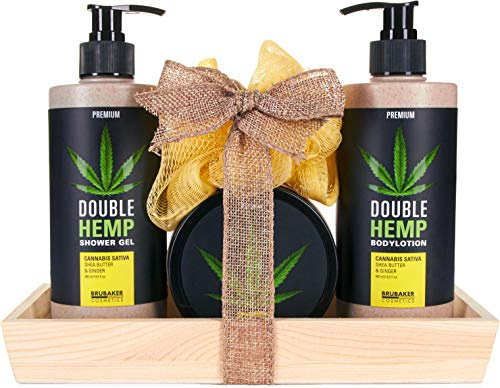 BRUBAKER Cosmetics Hemp Oil Body Care and Shower Set Shea Butter & Ginger with Wooden Tray (5 Pieces)