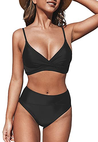 CUPSHE Femme Bikini Torsadé Taille Haute Ensemble Bikini Col V Élégant Maillots de Bain 2 Pièces Noir M