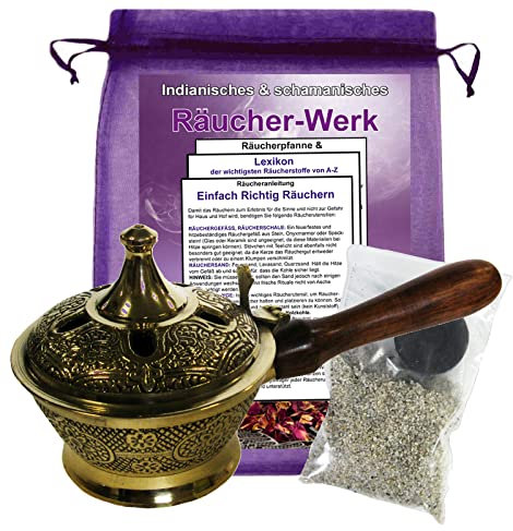 RÄUCHERPFANNE & WEIHRAUCHBRENNER 19cm Messing 7-TLG Set zum AUSRÄUCHERN für Räucherwerk, Räuchergefäß, Räucherschale, Räucherstövchen & Räucherstäbchenhalter in EINEM mit ZUBEHÖR. 3161A-0