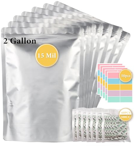 30 sacchetti in mylar da 2 galloni per la conservazione degli alimenti (15 mm di spessore extra) con assorbitori di ossigeno 500 CC (60 pezzi), sacchetti richiudibili e termosigillabili per la