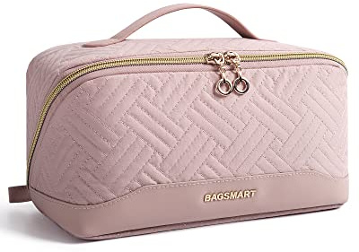 BAGSMART Makeup Bag Cosmetic Bag, Travel Makeup Bag,Water-resistent Makeup Bags for Women Portable Pouch Open Flat Make Up Organizer Bag for Toiletries, Brushes, Pink