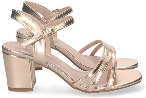 shoes&blues.es 74708-Sandalia de Tacon para Mujer, Comoda, con Palas Finas, Talon Abierto, y Cierre de Hebilla, Primavera Verano 2023. Talla 36 Champan