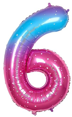Ponmoo 40 inches Foil Balloons Numbers 6 Pink-Blue Gradient (101cm), Inflatable Helium or Air, Giant Balloon Number 0-9, 10-100, Grand Balloons for Anniversary Wedding Birthday Party Decoration