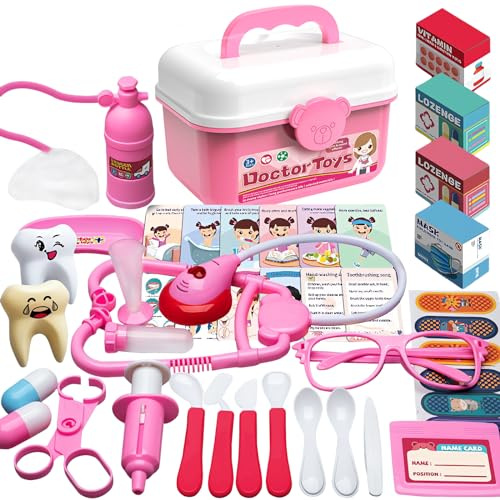 Ensemble de Jeu de Rôle de 42 Pièces, Jouet D'Imitation dès 3 Ans, Jouet de Valise avec pour Jeu de Rôle pour Les Enfants âgés de Trois Ans et Plus (Rose)