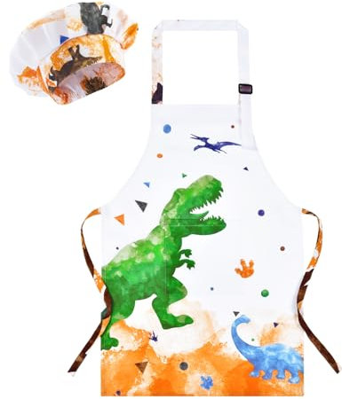 Wernnsai Kids Aprons and Chef Hat Set - Boys Art Aprons with Pocket - Child Painting, Cooking, Gardening, Dinosaur Chef Costume