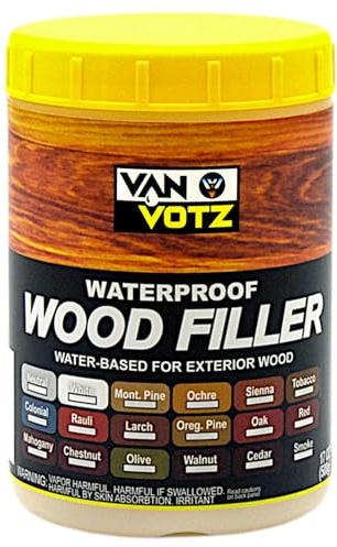 VAN VOTZ Waterproof Wood Filler [Half-Pint, Mahogany] - Exterior Grade Wood Repair in 18 Paintable and Stainable Colors. Strong Adhesion and Durability for Outdoor Wood in All Weather Conditions.