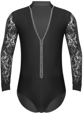 TiaoBug Herren Latein Body Langarm Hemd mit Spitzen Glitzer Ballettanzug V-Ausschnitt Ballett Trikot Gymnastik Turn Leotard Samba Salsa Walzer Kostüm Schwarz XXL