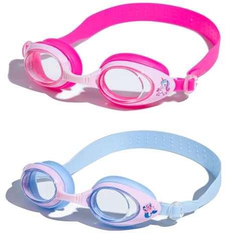 LunarCharm 2 Pack Kids Swimming Goggles with Anti-Fog, Clear Vision, Adjustable Diving Goggles for Children Aged 3-15, with Unicorn and Mermaid Patterns