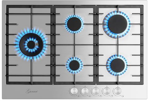 Gurari GCH FG 755 Gaskochfeld 75 cm, Edelstahl, 4,0 KW WOK, 5 Gasbrenner,Erdgas, FL.Gas
