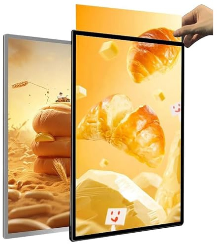 LED Light Box, Marco publicitario montado en la pared – Tablero de menú iluminado de cristal templado ultra - delgado para restaurantes, bares, tiendas, cafés – Varios tamaños, Bordes plateados/negros