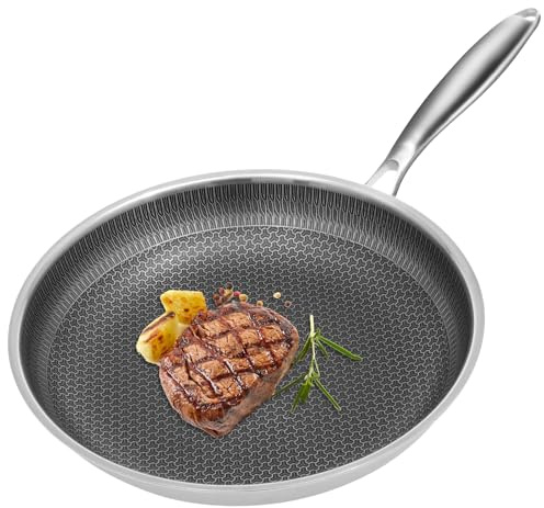 BOBASH Padella in acciaio inox, 28 cm, struttura a nido d'ape a induzione, rivestimento antiaderente, antigraffio, con manico ergonomico per fornelli a gas a induzione