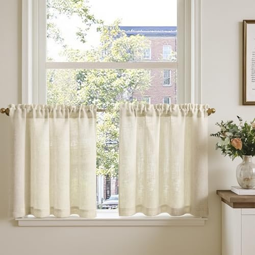 TOPICK Fönstergardiner linneutseende bistrogardin set om 2 stycken H 90 x 90 beige | Ljusgenomsläppliga köksgardiner ogenomskinliga moderna skåp korta gardiner vardagsrum köksfönster lantlig stil köksgardiner