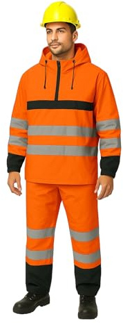 Hi Vis Viz & Plain Rainsuit 2 Piece Set, High Visibility Waterproof Jacket & Trousers with Reflective Tape, Lightweight Hooded Workwear for Men, Safety, Construction, Outdoor Rainwear (orange, XLL)