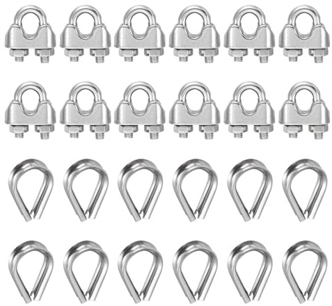 sourcing map Juego de 12 abrazaderas de clip de cable de cuerda de alambre de 5/32 pulgadas M4 pequeñas de acero inoxidable 304 con dedal para aparejos seguros para tendedero, color plateado