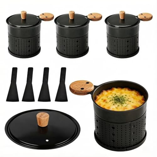BRGD 4 Pieces Cheese Melting Pan, Raclette Oven Set, Non-Stick Coating with Scraper for Melting Cheese and Chocolate