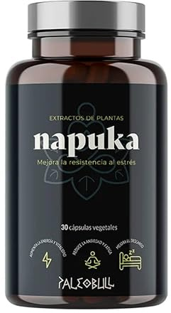 Napuka Paleobull 30 cápsulas vegetales, con ashwagandha, rodiola, ginseng y reishi, fórmula adaptógena sin gluten ni lactosa, apoyo diario para energía, vitalidad y bienestar.