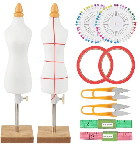 HOBBIESAY 2 Sets Female Dress Form 1/4 Size Mini Sewing Mannequin with Stand Adjustable Height Dressmaker Dummy Doll Dress Form for Craft Room Decor Apparel Jewelry Tailor Display