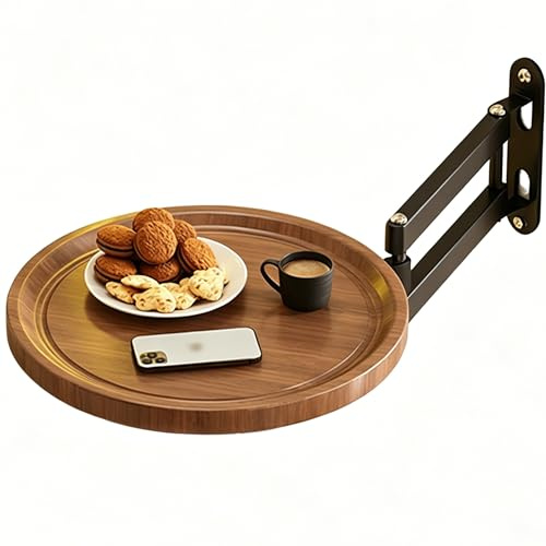 Axroad Mall Wall Mounted Folding Tray,Bedside Folding Coffee Table (Walnut) | with Rotating Tray & Adjustable, Wall Mounted Round Folding Table For Home Bedroom Kitchen Balcony Hallway Living Room