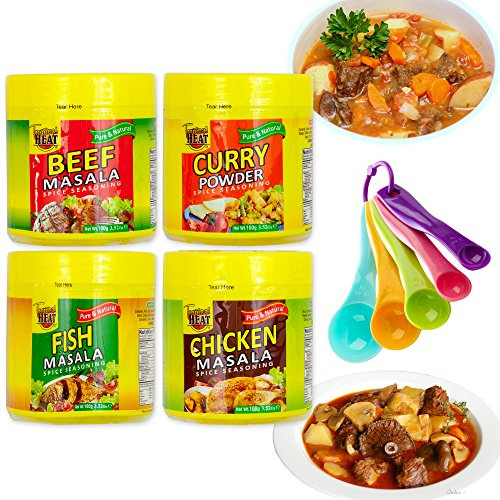 Chicken Masala, Beef Masala, Fish Masala & Vegetable Curry Powder all Pure & Natural Cooking Seasoning Spices, Gourmet Collection Flavors | 4 Bottles & a Free Measuring Spoons Gift Set| Tropical Heat