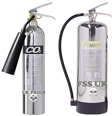 Designer Chrome Set Fire Extinguishers. 6 LTR Foam + 2 KG CO2 Fire Extinguishers. CE Marked. Ideal for Homes Kitchen Workplace Offices WORKSHOPS Warehouses GARAGES Hotels Restaurants