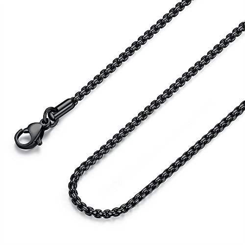 FOSIR Mens Black Rolo Chain Necklace, Stainless Steel Chain for Men and Women, Wide 2mm,20 Inch