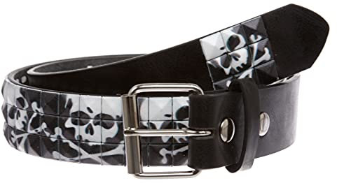 Gürtel zum Aufstecken, 3,8 cm, Totenkopf- und Kreuzknochenmuster, Punkrock-Nietengürtel - Schwarz - L-97 cm