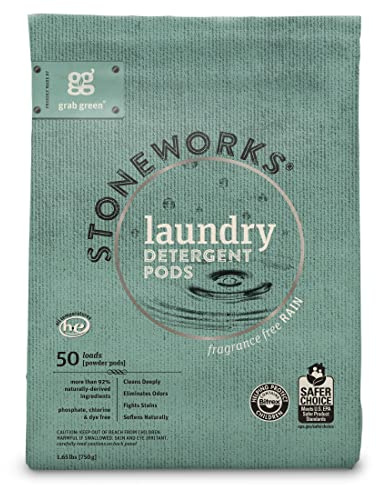 Grab Green Stoneworks Natural Laundry Detergent Powder Pods, Rain (Fragrance Free), 50 loads