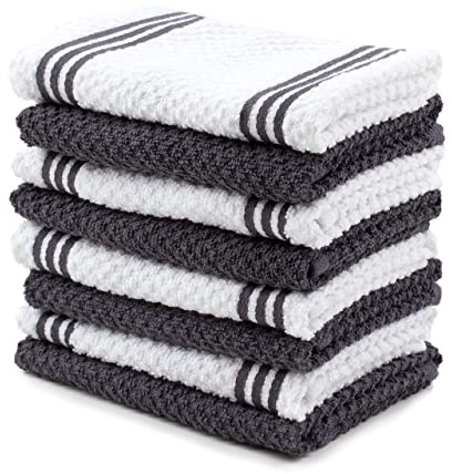 Sticky Toffee Cotton Dishcloths Set of 8 – Gray and White Kitchen Towels 12x12 in, Reusable and Absorbent Tea Towels for Cleaning or Drying, Oeko-Tex Cotton