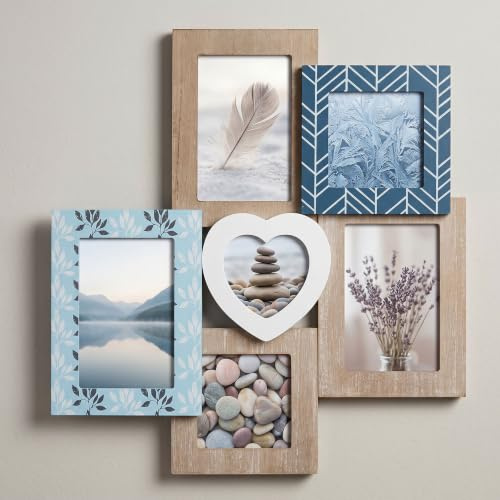levandeo Bildram collage trä hjärta 6 foton 42,5 x 39 cm shabby chic blå vit natur fotoram galleri collage fotokollage väggdekoration lantlig stil vintage