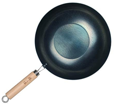 ZhenSanHuan Wok in ferro battuto a mano a fondo piatto adatto a induzione (manico in legno)