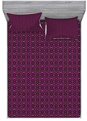 ABAKUHAUS Gitter Buntes Spannbetttuch- und Kissen-Set, Symmetrische geometrische Rosa, Dekoratives und Bedrucktes 3-teiliges Bettwäscheset, 150 cm x 200 cm, Dunkelbraun und Magenta