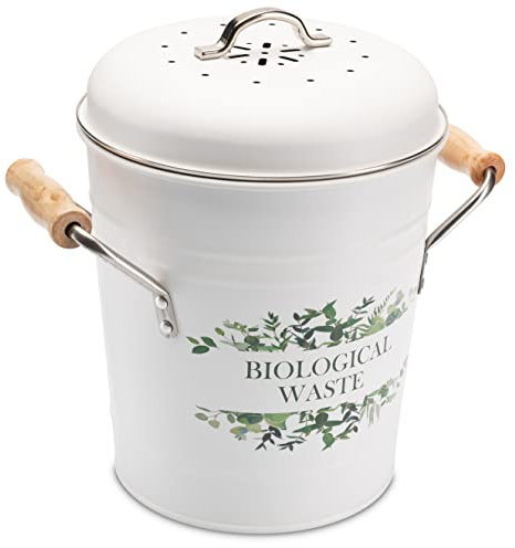 Tante SOE - Biomülleimer für die Küche mit Aktivkohlefilter (3 Liter, klein) Bio Mülleimer mit Deckel zur Geruchsneutralisierung - Metall Behälter/Eimer für Biomüll - Abfalleimer/Komposteimer in Weiß