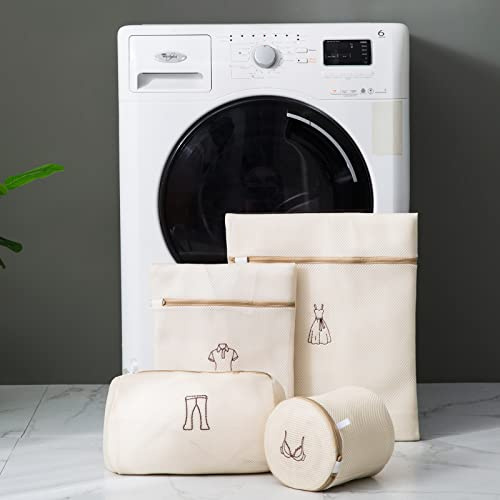 Confezione da 4 Sacchetti per Biancheria in Rete Sacchetti per Lavaggio Ispessiti a Doppio Strato Sacchetti per Reggiseno Versatile Rete per Biancheria per Lavatrice con Cerniera (Beige)