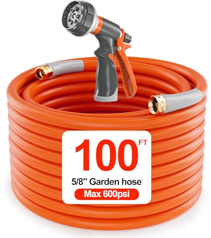 Heavy Duty Garden Hose 100 ft x 5/8 in. Flexible & Lightweight Water Hose | 600 Burst PSI | 8 Function Nozzle | 3/4 Brass Fittings | Kink-less Hybrid Rubber Hose for Garden, Yard, Outdoor Watering